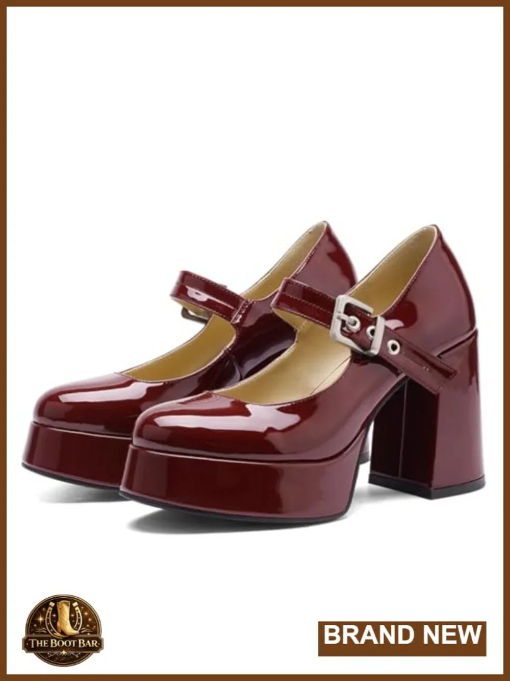 Platform Mary Jane Heels Chunky Block Heel Round Toe Patent Leather Dress Shoes
